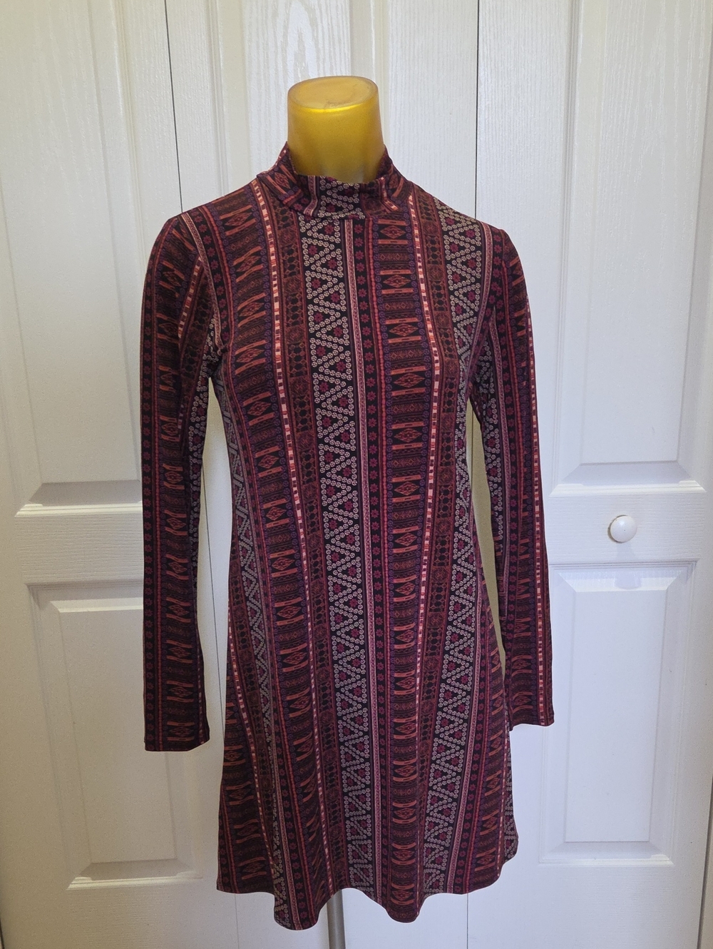 BCBGeneration Long-Sleeve Mock Neck Dress in Burgundy and Pink Pattern